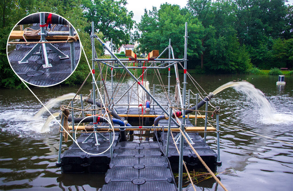 Mit dem Plattform Adapter von inventied lassen sich Gerüstkonstruktion auf auf Schwimmplattformen errichten.