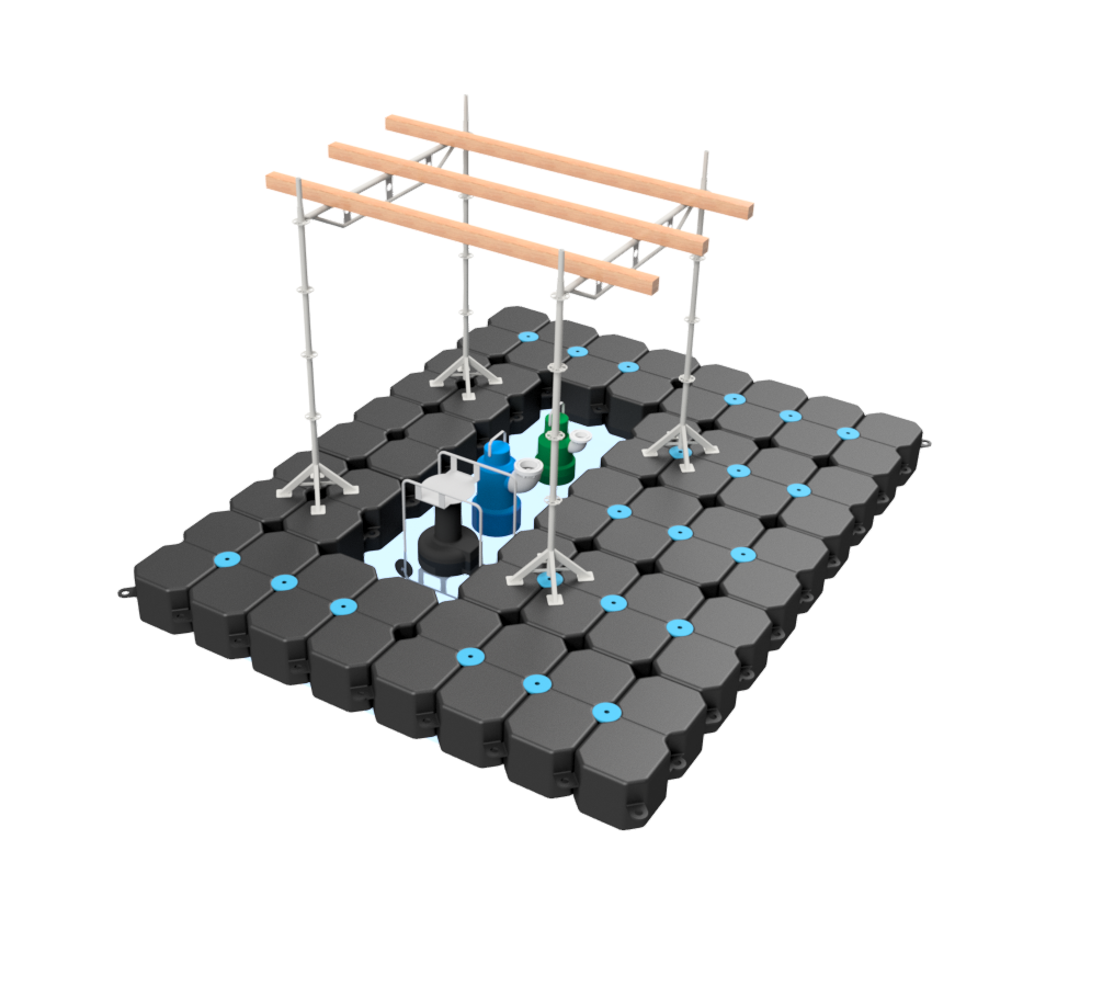 Mit dem Plattform Adapter von inventied lassen sich Gerüstkonstruktion auf auf Schwimmplattformen errichten.